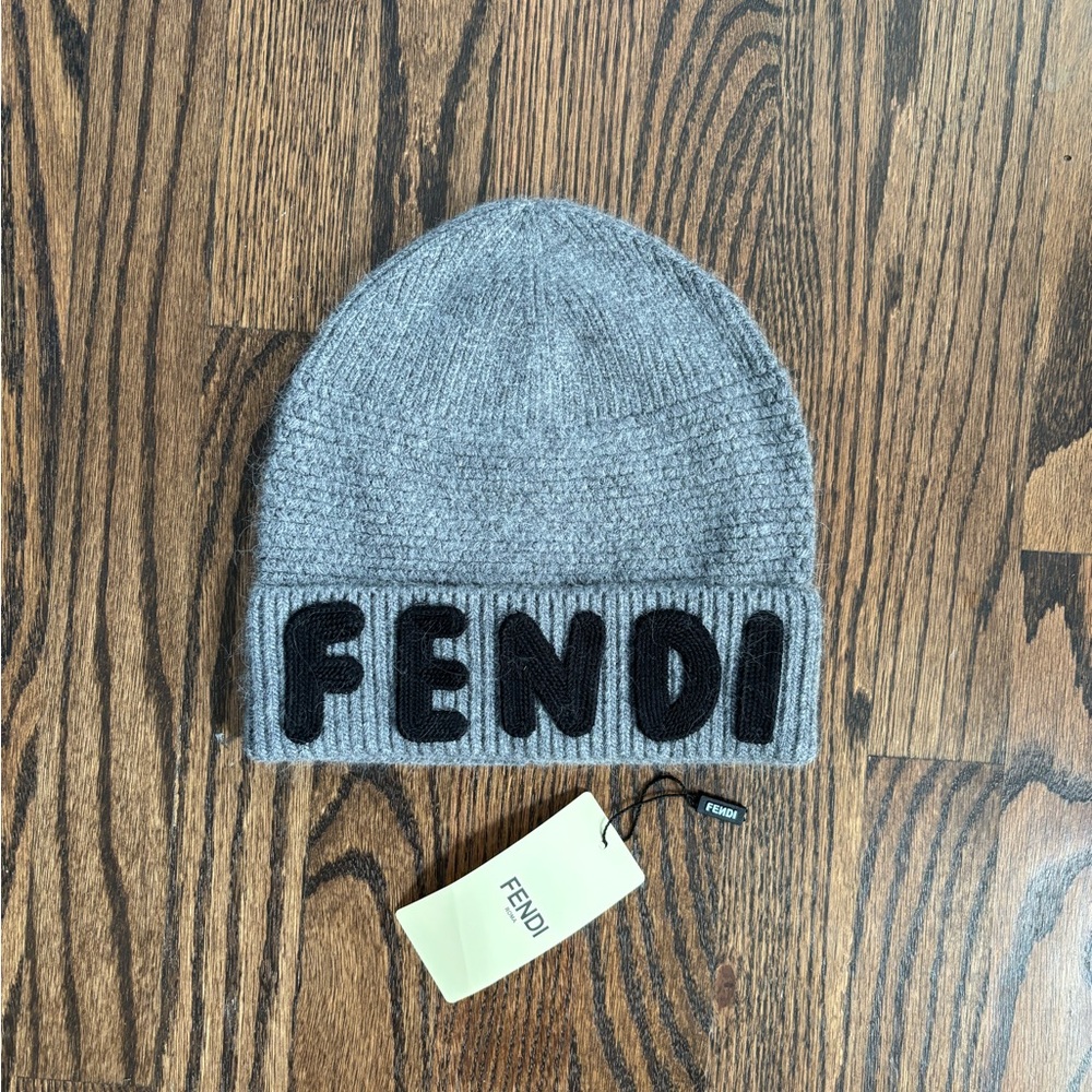 Fendi Gray Wool Beanie with Black Logo